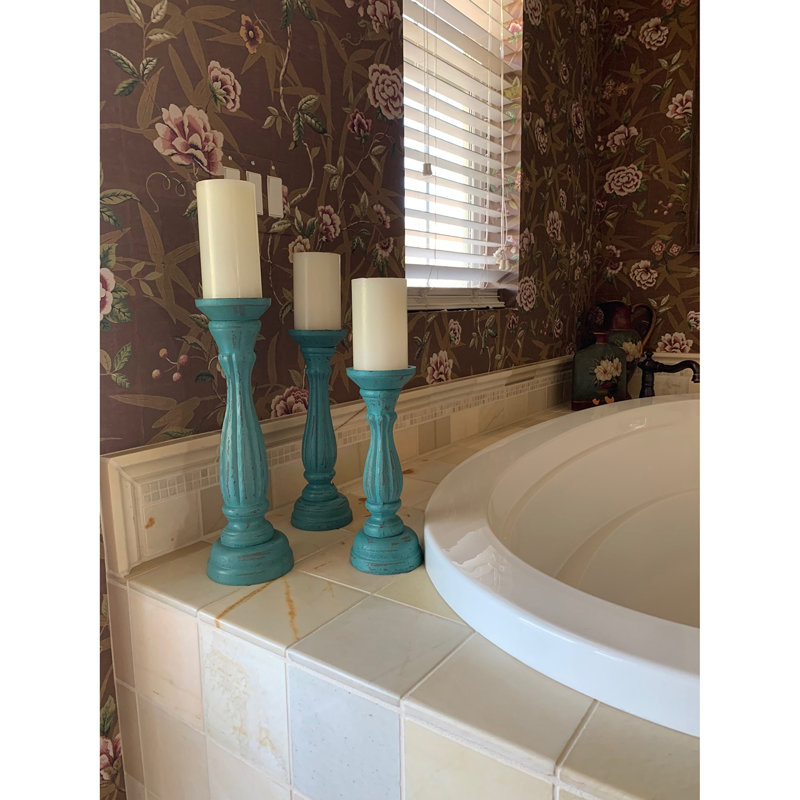 Wood Tabletop Candlestick, Teal