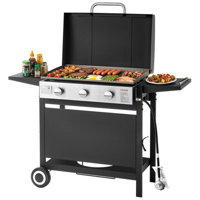 Plaque chauffante au gaz, plaque chauffante à 3 brûleurs, plaque chauffante au propane avec roulettes, couvercle, 3 barbecues d'extérieur à plaque plate de 11 000 BTU pour la friture, le gril, le sauté et le barbecue, l'allumage par impulsion et la conception du plateau amovible