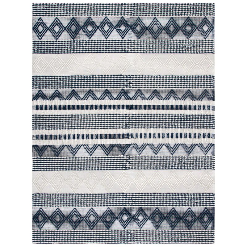 Southwestern Hand Woven Wool/Cotton Southwestern Rug, Rectangle 8' x 10', Dark Navy/Ivory