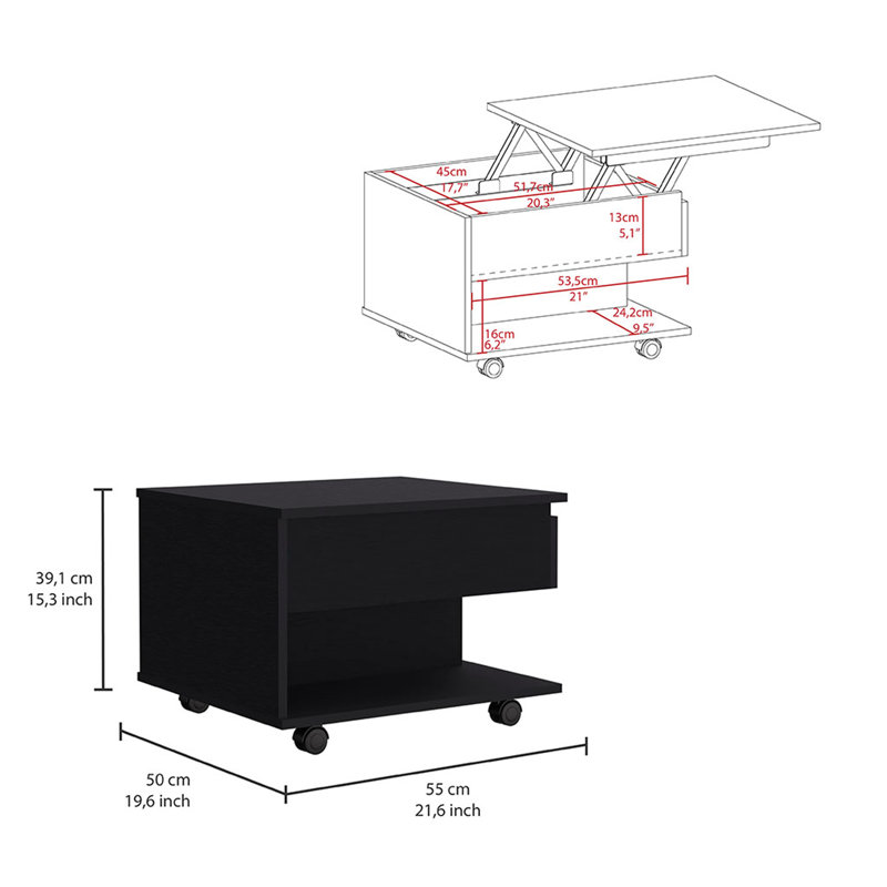 Table basse à plateau relevable, roulettes, une tablette, Noir, noir, noir, noir, Noir, noir, noir, noir