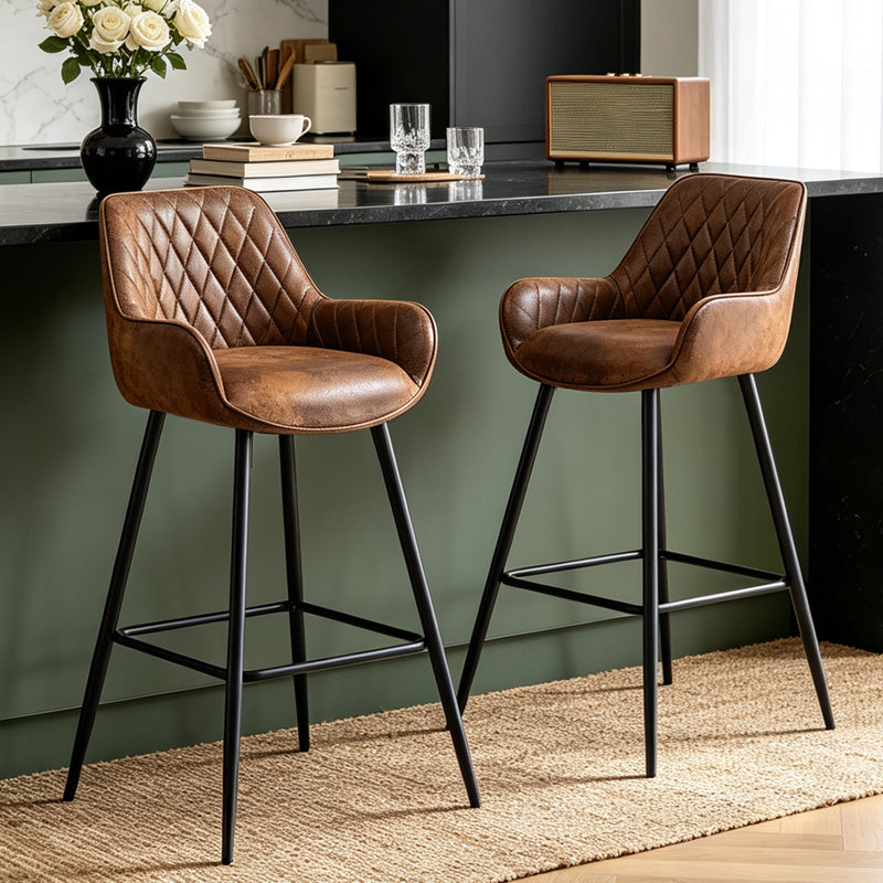 Faux Leather/Suede Upholstered Bar Stool with Armrests & Metal Legs , Suede Brown