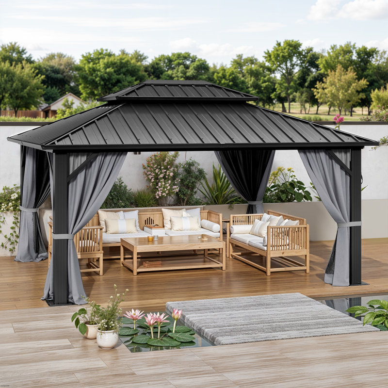 Outdoor Metal Hardtop Patio Gazebo with Privacy Curtain and Mosquito Netting, 11.5 ft x 10 ft