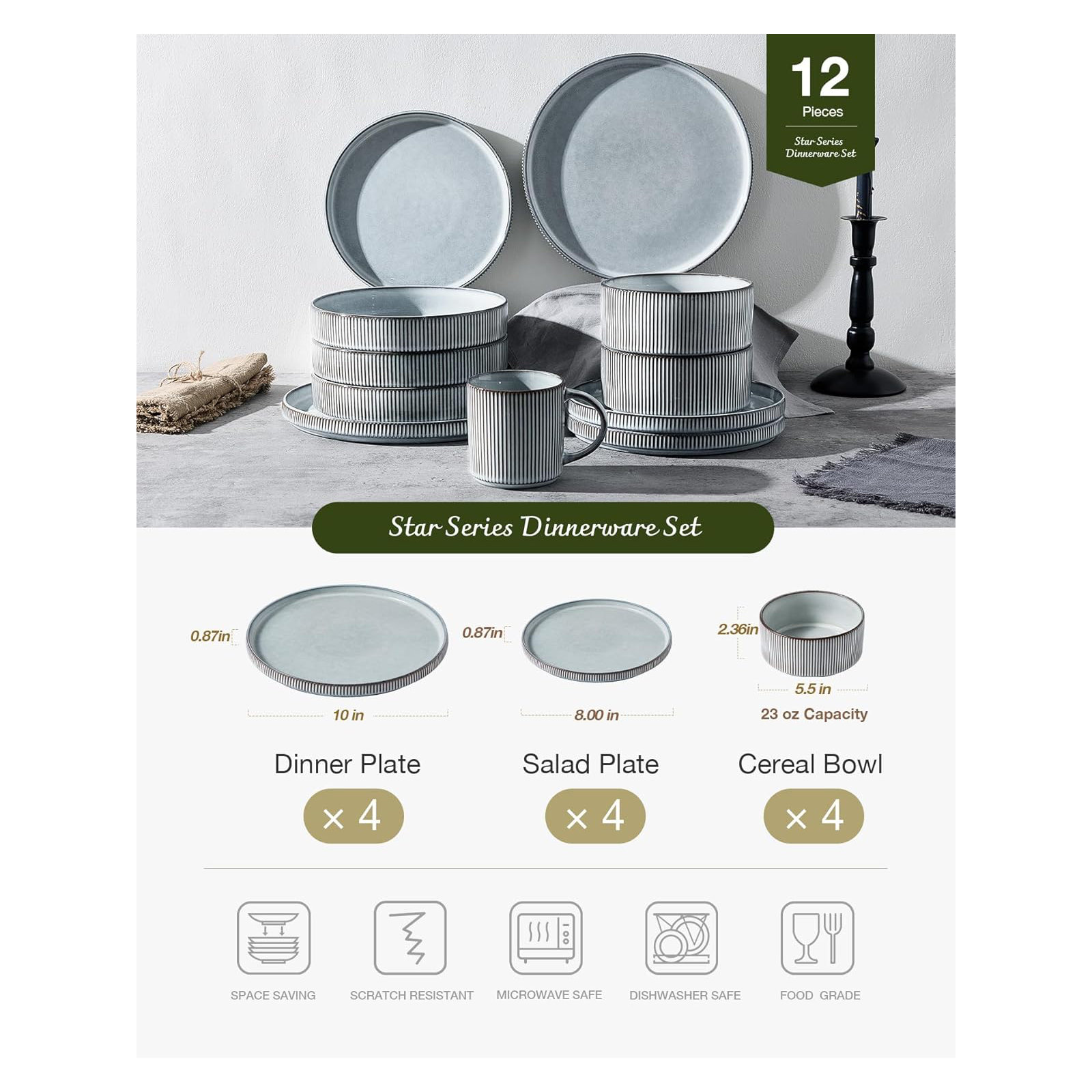 Stoneware Dinnerware Set, Service for 4, Smoky Blue
