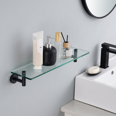 20 Inches Rectangular Tempered Glass Shelf Wall Mount With Polished Stainless Steel Bracket