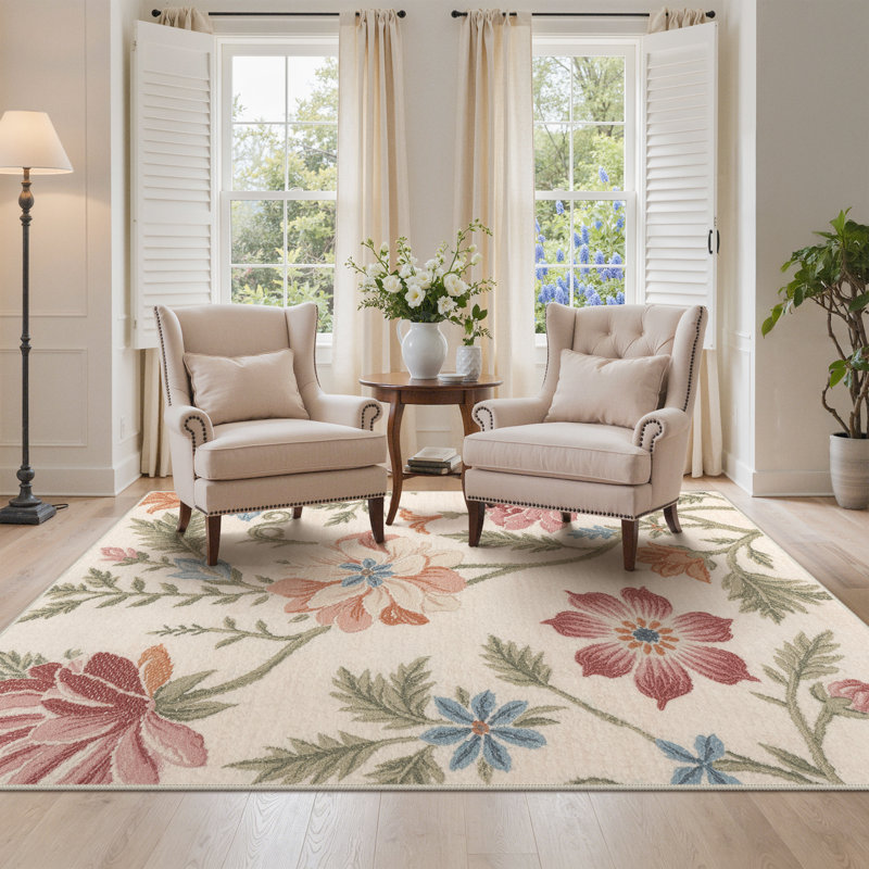 Clermont Eden Floral Alabaster Machine Washable Non-Slip Area Rug, Rectangle 5' x 7', Beige / Pink
