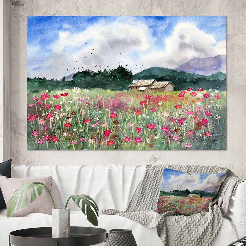 Paysage avec un champ de fleurs blanches et roses - Peinture sur toile, H 40 po x l 60 po x P 1,5 po, Toile tendue