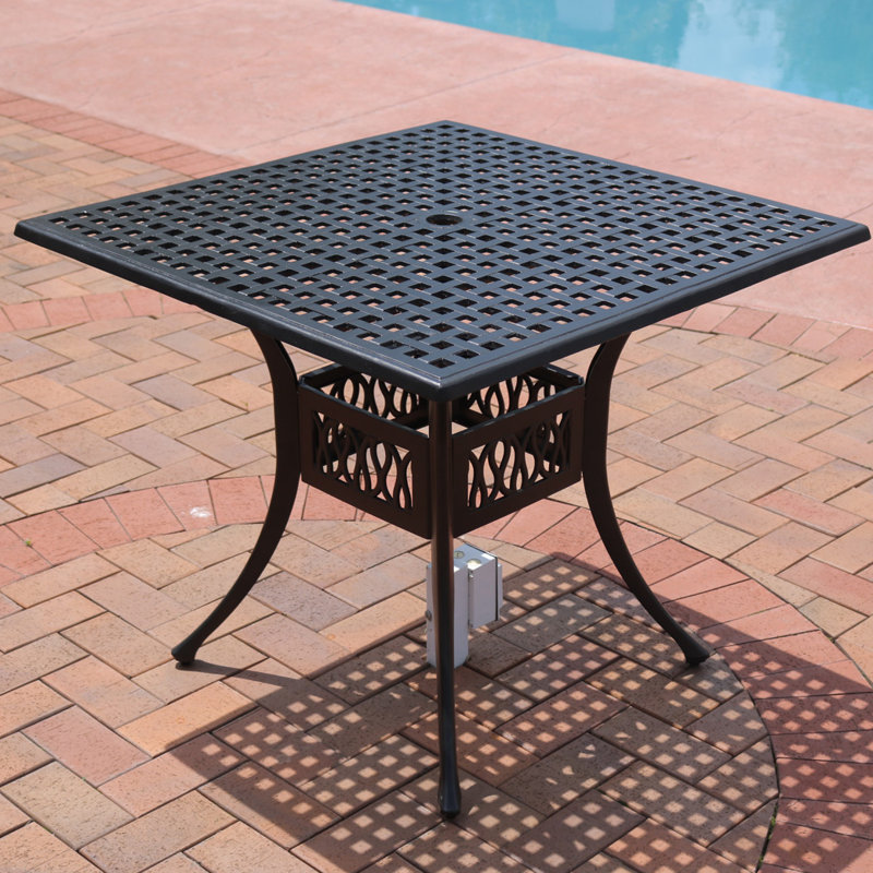 Black Cast Aluminum Square Outdoor Dining Table with Umbrella Hole