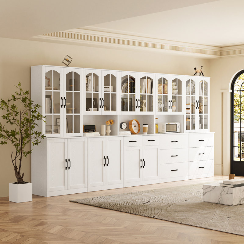 White 71" H X 126" W Glass Door Bookcase With Hutch, Storage Drawers & Countertop | Freestanding Multi-Functional Storage Wall Unit (ABCDE)