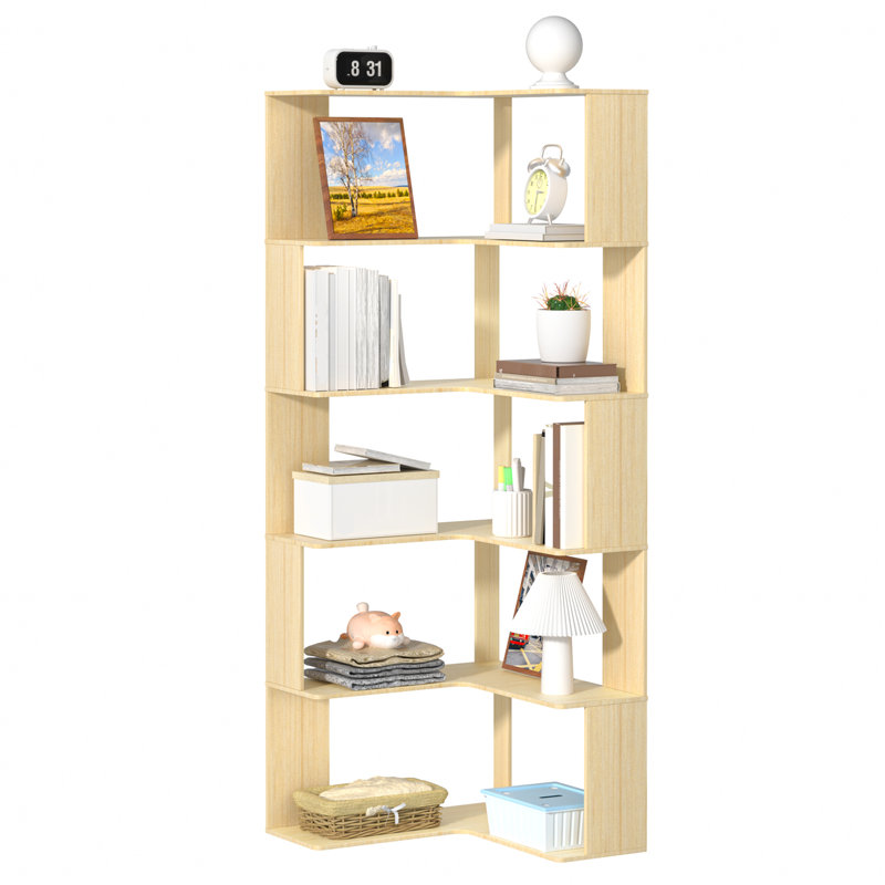 5 Tiers Corner Bookshelf, L Shaped Bookcase with Anti-Drop Panel, Wood Grain Book Shelf, Freestanding Book Storage Organizer for Home Office