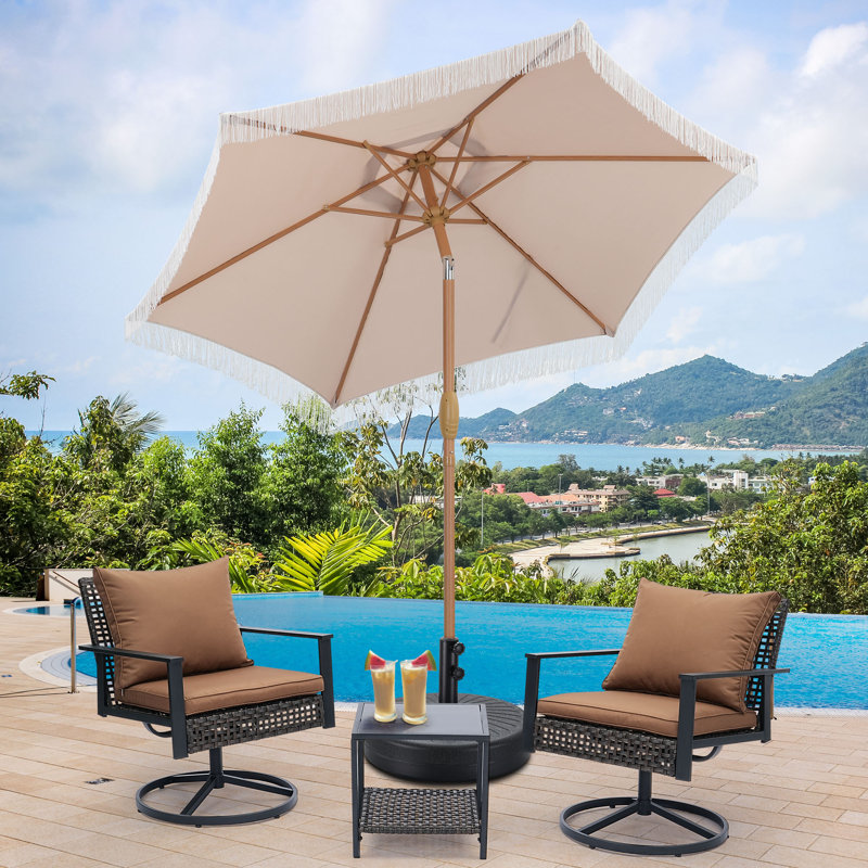 4 Piece Outdoor 360 Swivel Chair Set With Umbrella, Beige, Brown