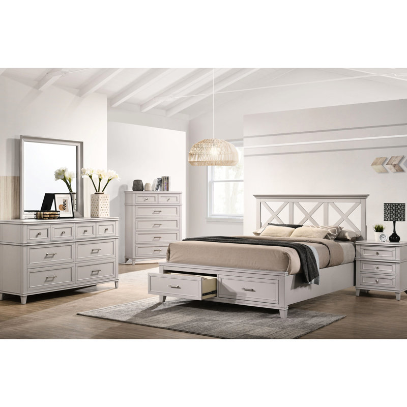Grand lit de rangement gris avec structure et bois massif, lit de style transitionnel, structure intégrée