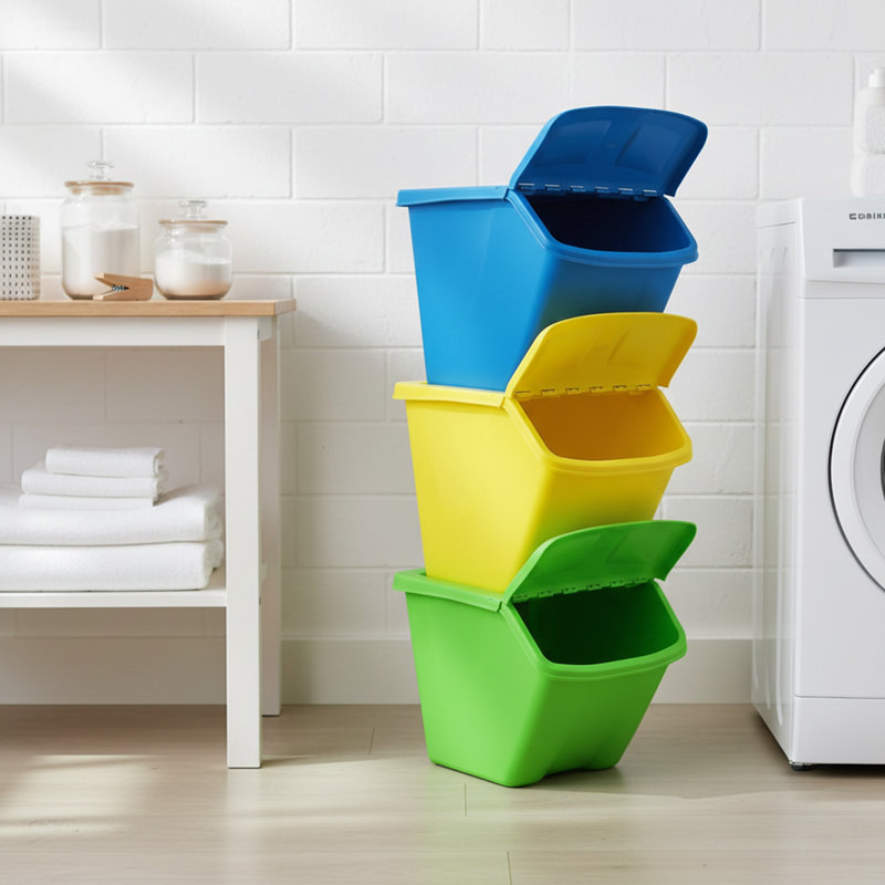  10-Gal Stackable Shutter Bins, 3-Piece Recycling Storage Set, Multi-Color