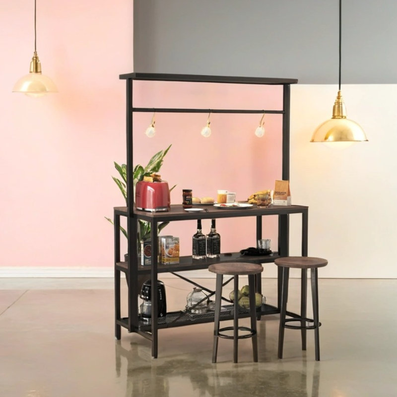 Îlot de cuisine multifonctionnel en noyer avec support à micro-ondes à 3 niveaux et support à boulanger - fer et tablette de rangement en panneau de particules pour la salle à manger, le salon (3 crochets)?