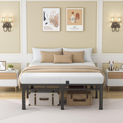 Base de lit grand 18 pouces, cadre de lit en métal et plateforme 2 en 1 avec sommiers ronds, structure en métal robuste de 4 000 lb, butée de glissade pour matelas, trou de tête de lit, silencieux, assemblage facile