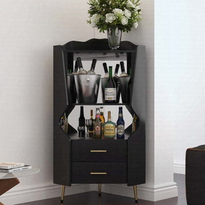 Buffet d'angle en bois avec 2 tablettes ouvertes, 2 tiroirs, dossier en miroir et pieds hauts - Buffet Buffet