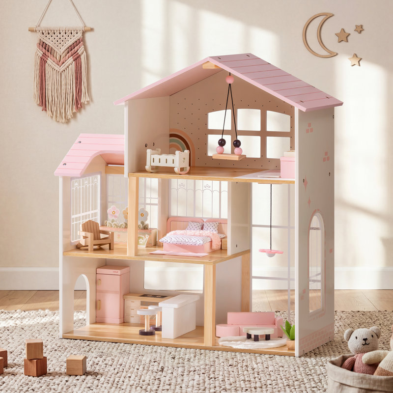 Wooden Dollhouse Kit with 6 Rooms & 37 Pcs Dollhouse Furnitrue Accessories, Pink Montessori Doll House for 3+