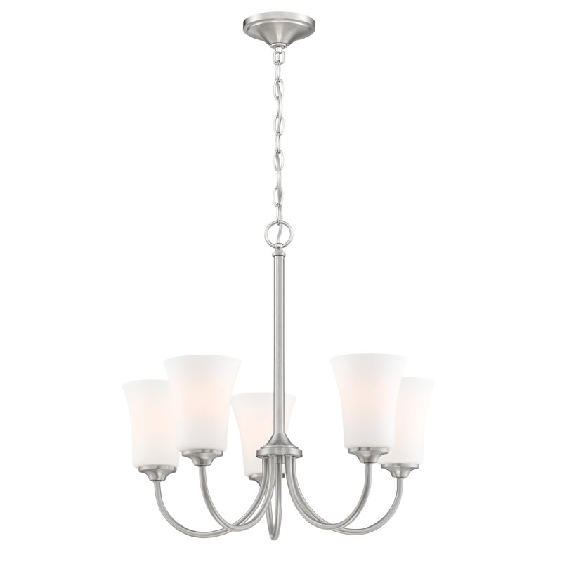 Lustre classique / traditionnel à 5 lumières de style bougie Pembe, Nickel poli brossé, Blanc givré