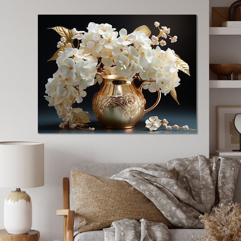 «Baroque Hydrangea» blanc et or V - Hydrangea, reproduction d'art sur toile encadrée, H 34 po x l 44 po x P 1,5 po