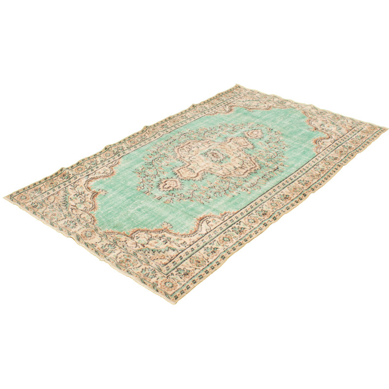 Tapis décoratif vert clair/brun en laine de conception unique noué à la main des années 1980 5 pi 6 po x 9 pi 6 po Deshara