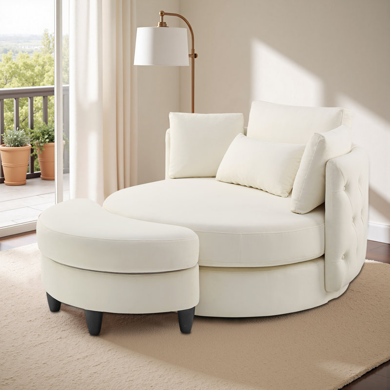 Fauteuil pivotant rembourré capitonné avec repose-pieds, Beige