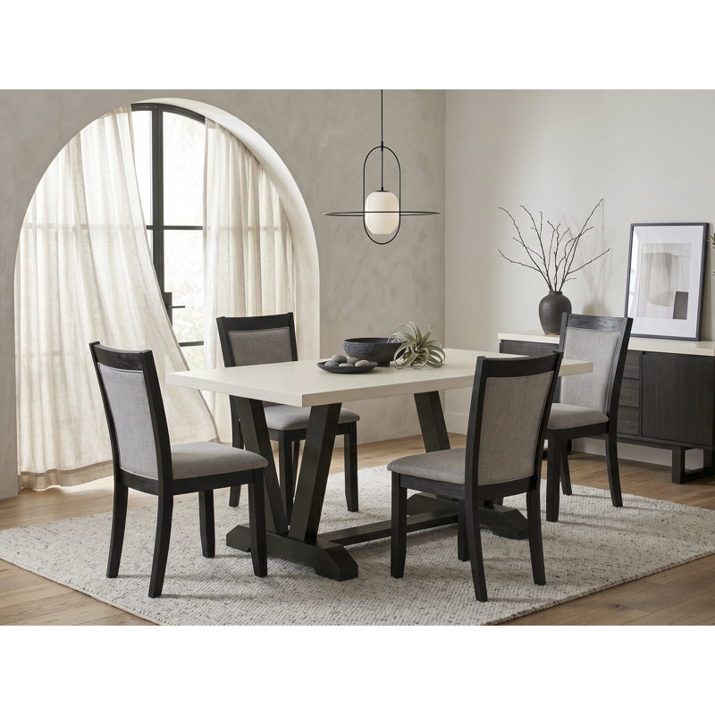 5-Piece Dinette Table Set Includes a Linen White (Off-White) Dining Room Table and 4 Shitake Linen Fabric Dining Room Chairs with High Back - Wire Brushed Black Finish