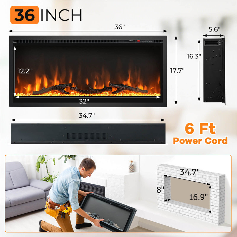 Fontvieille Black Electric Fireplace, 17.7" H x 36" D x 5.6" D