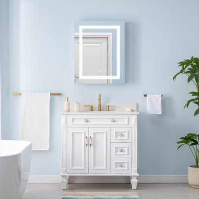 Armoire de salle de bain à DEL encastrée ou en surface avec tablettes en verre réglables
