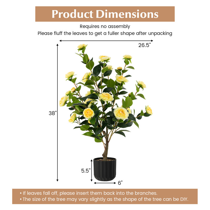 38 po Faux arbre de camélia en pot plante d'intérieur / extérieur, 2, Jaune