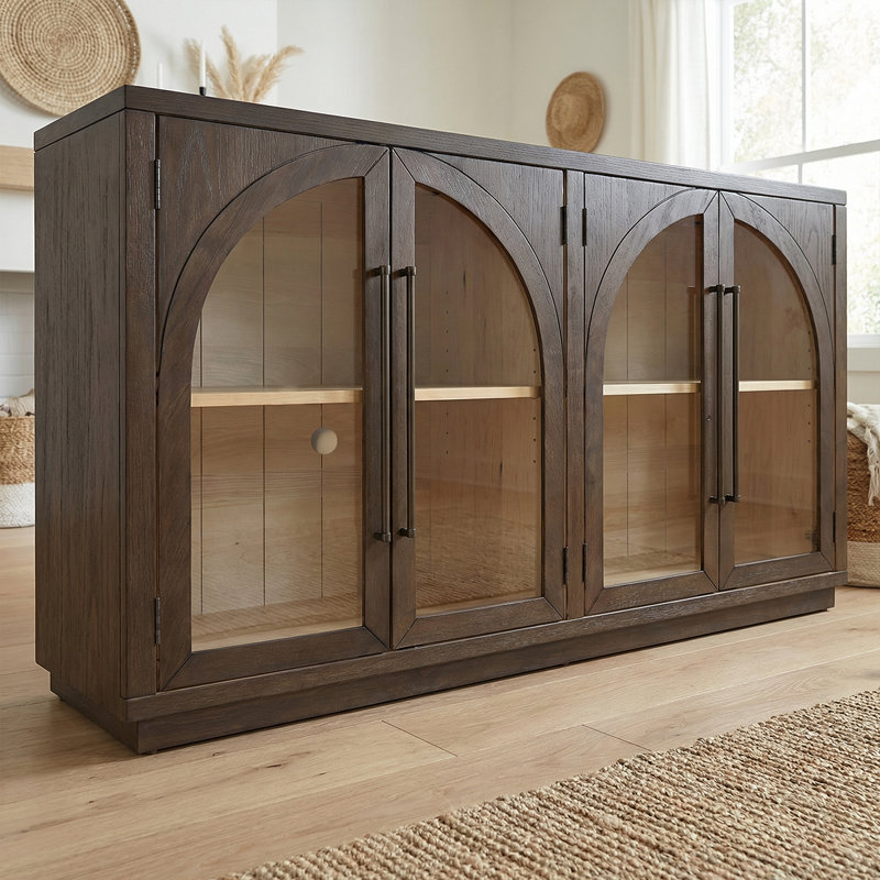 Large Storage Sideboard With Glass Doors And Unique Arched Design For Dining Room, Brown
