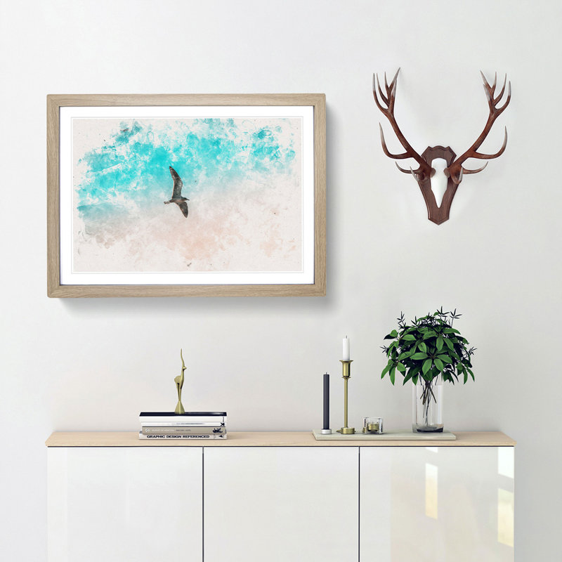 Soaring Seagulls - Picture Frame Graphic Art Print, 62cm H x 87cm W x 2cm D, Oak Framed