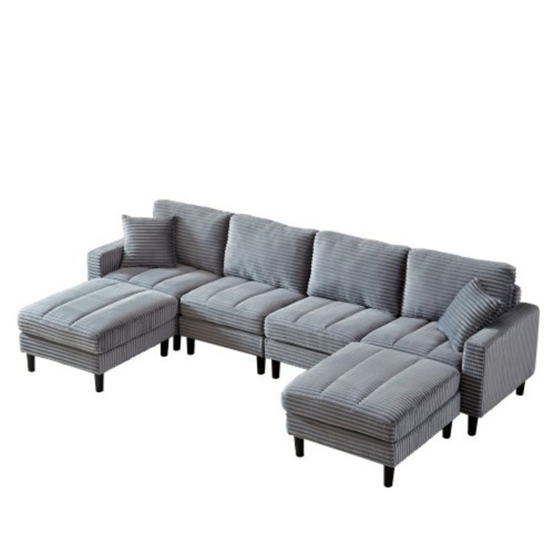 U-Shaped Modular Sofa with 2 Pillows, Gray Corduroy