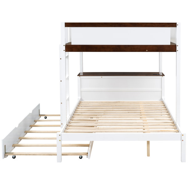 Latitude Run® White + Walnut Bunk Bed With Trundle, Functional Desk And ...