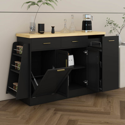 Îlot de cuisine 58 po, armoire buffet avec porte coulissante et support à épices à 3 niveaux de 58 po, support à poubelle inclinable, bar à café autoportant