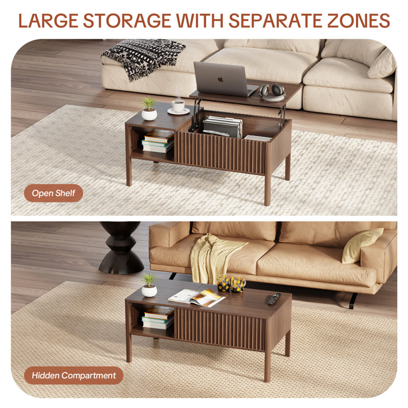 37.5"W Lift Top Coffee Table with Storage Hydraulic Lift Large Capacity, Brown