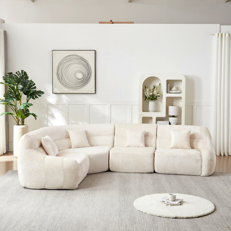 Canapé modulaire courbé 123.2, canapé modulaire en chenille nuage, quatre coussins, Beige