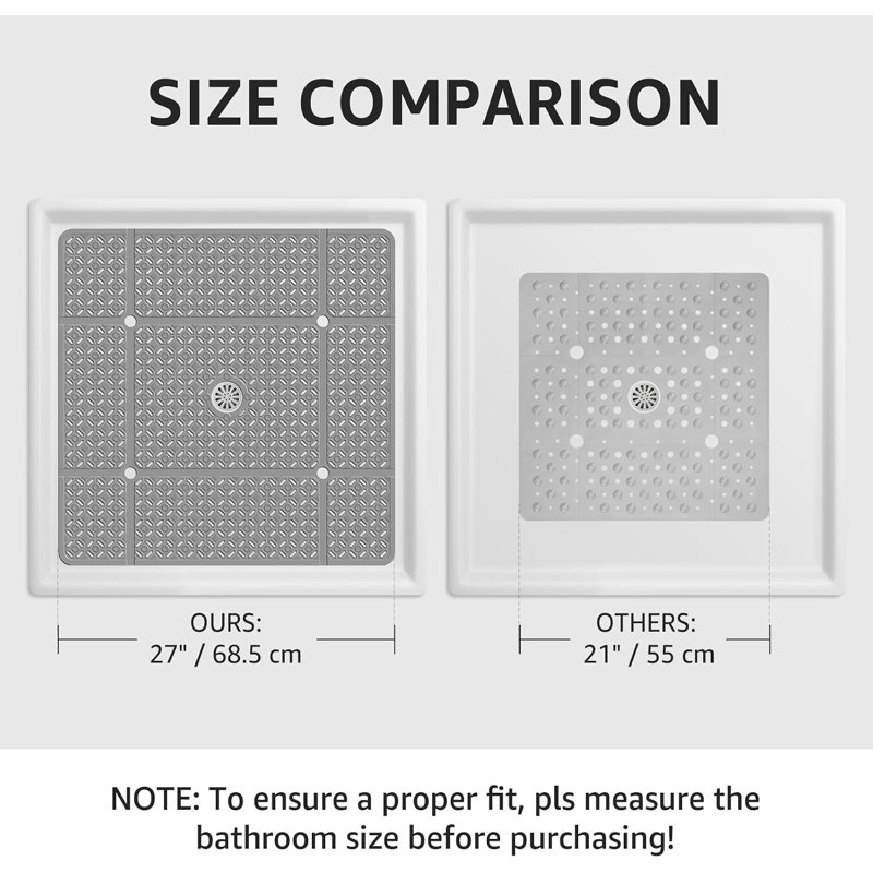 Tapis de douche carré antidérapant en TPE amélioré de 68,5 x 68,5 cm avec ventouses, tapis de bain creux pour douche à l'italienne
