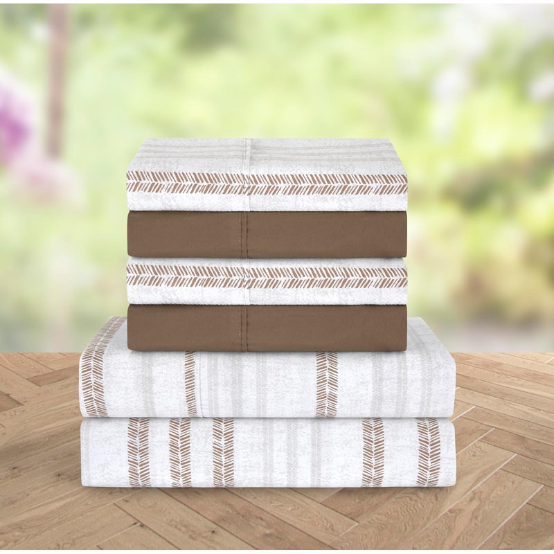 Polyester Floral Sheet Set, Beige, King Sheet Set + 1 Fitted Sheet + 4 Pillowcases