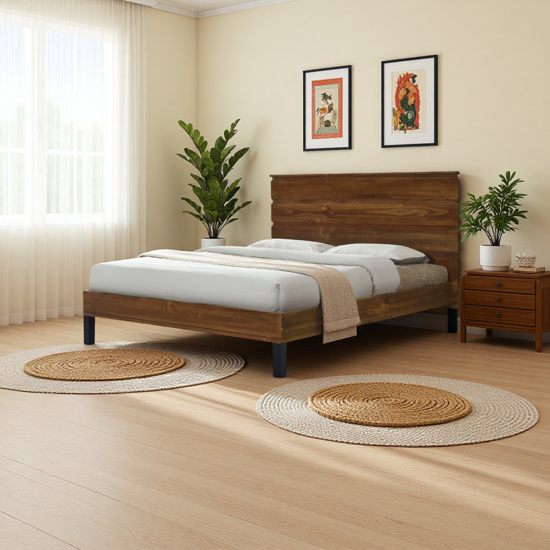 Mid-Century Modern Solid Wood Bed Frame, King