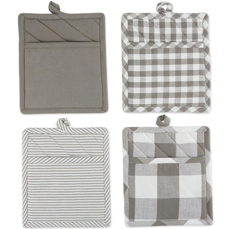 Gracie Oaks Fairley Cotton Potholder Set, Gray/White