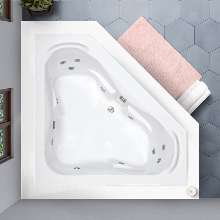 60" L x 60" W Corner Whirlpool Acrylic Bathtub with Center Drain in White