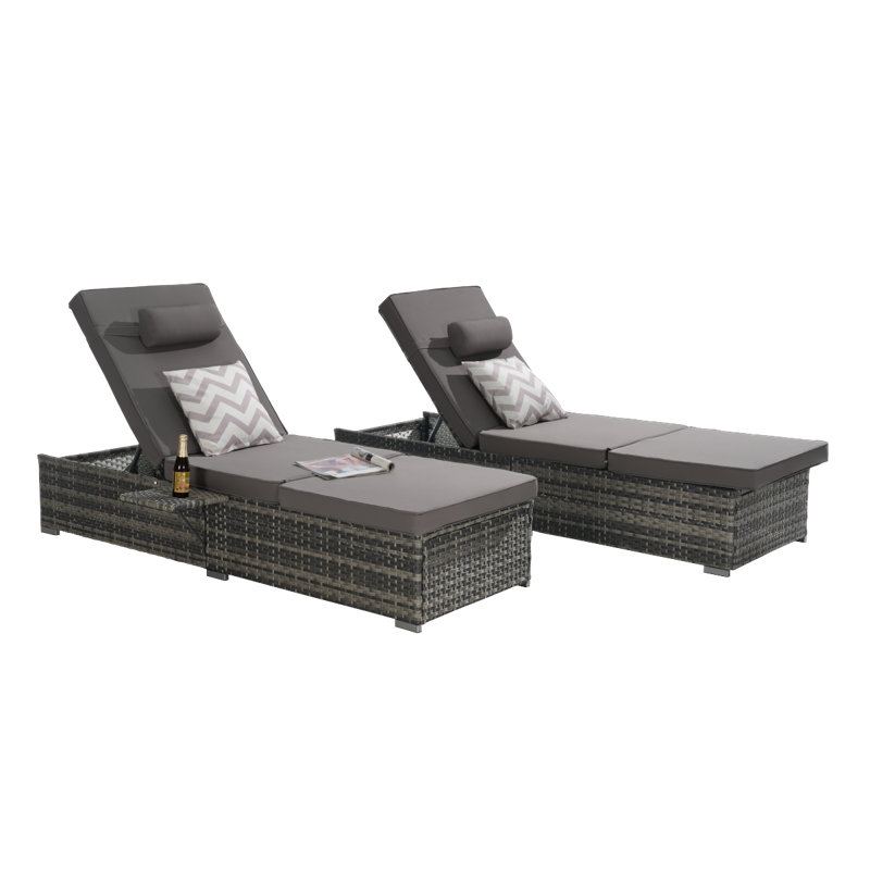 Outdoor Chaise Lounge Chair Set Of 2 With Storage Patio Pool Chairs Tanning Lounges For Outside,Beach Rattan Recliners With Adjustable Backrest, Table, Cushion For Poolside Backyard Garden