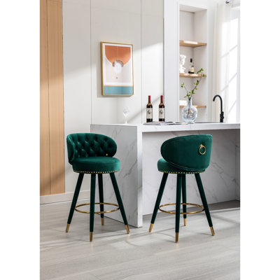 Tabourets de bar à hauteur de comptoir (2), base en bois massif, siège élégant en velours recouvrant 2 chaises, structure élégante