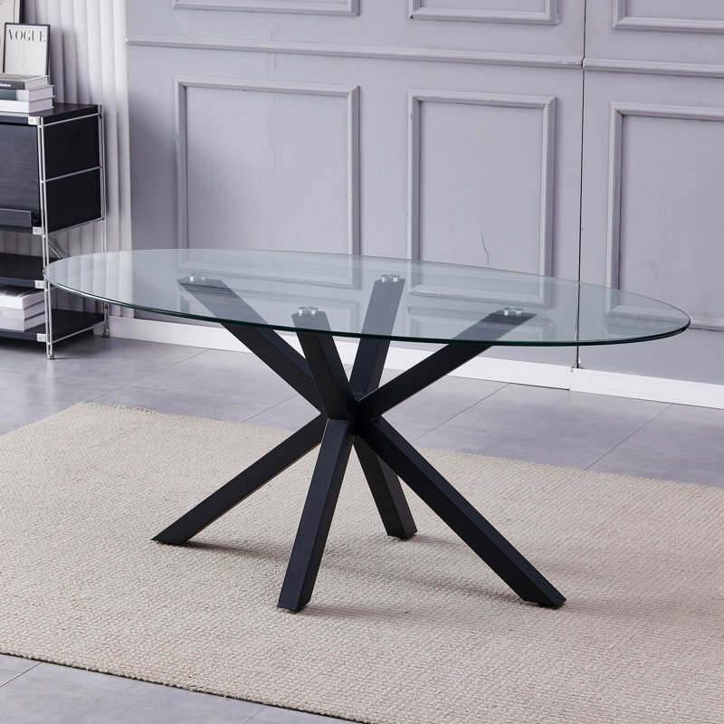 Oval Glass Top Metal Base Dining Table, 75cm H x 180cm W x 90" D