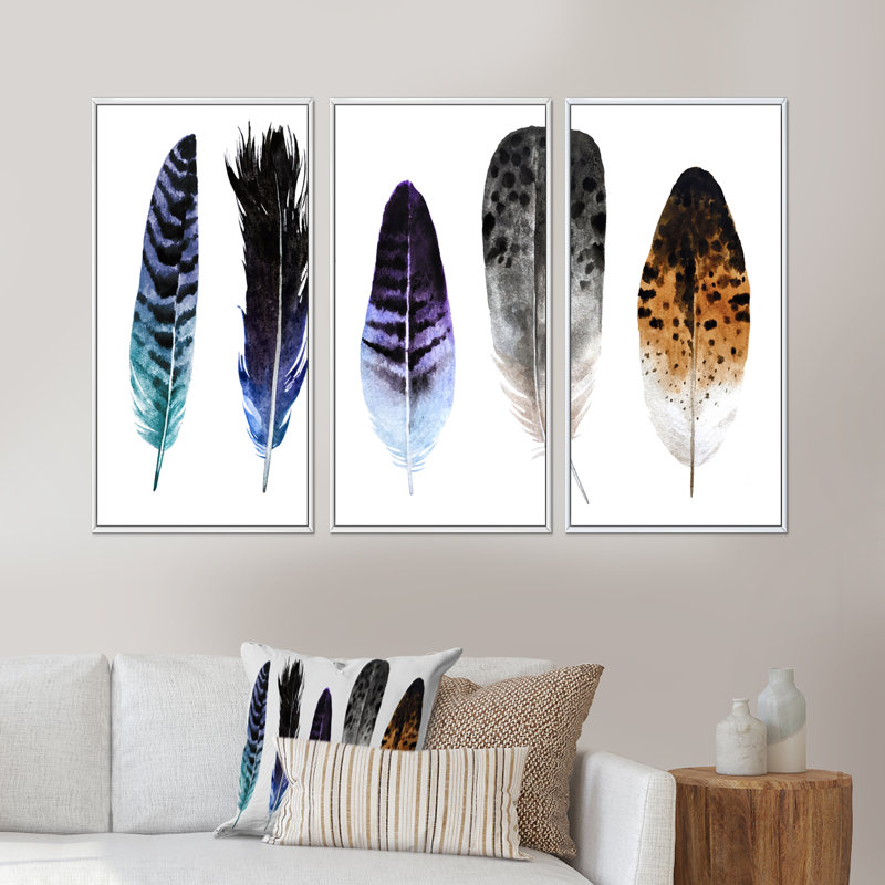 «Colorful Boho Feathers II», peinture sur toile flottante 3 pièces, L 36 po x H 20 po, Cadre blanc