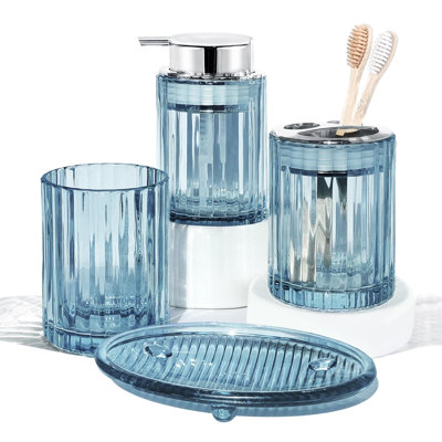 Bathroom Accessories Set, 4 PCS Glass Bathroom Set,Silver Blue