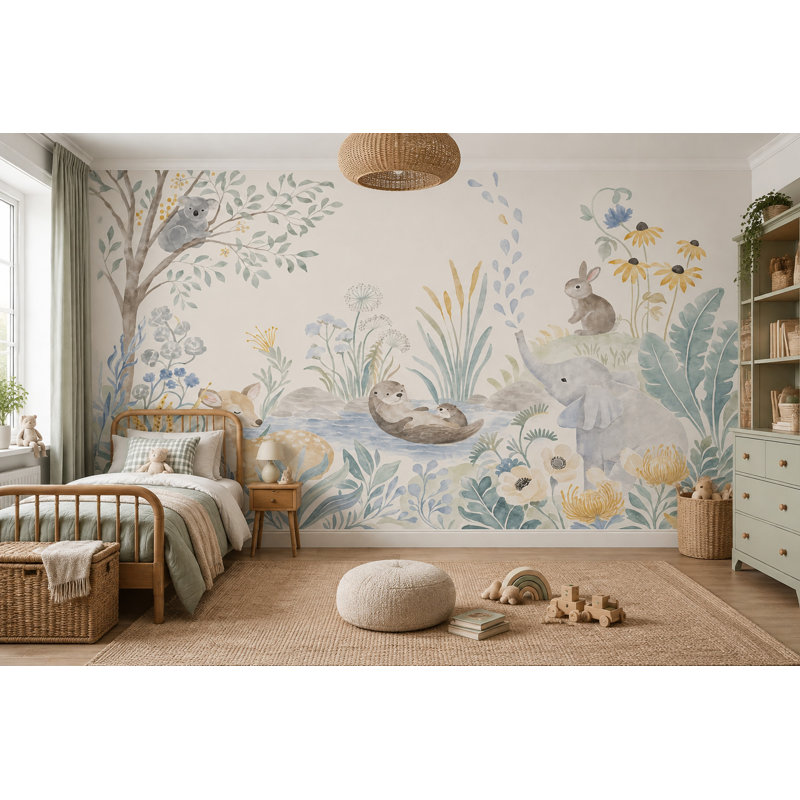 Papier peint mural pastel représentant des animaux de la forêt pour chambre d'enfant, style livre d'histoires., Non tissé