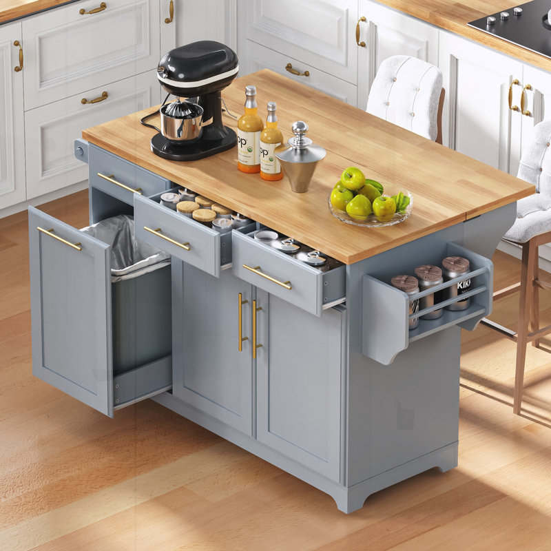 Îlot de cuisine avec 2 armoires coulissantes et rallonge en bois d'hévéa, Grey+Blue