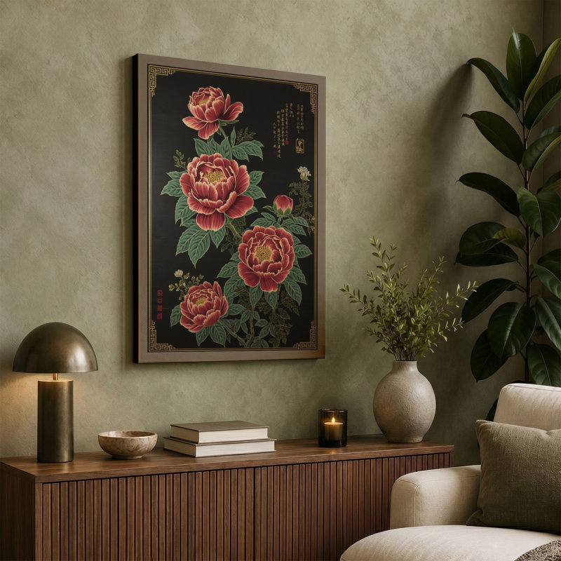 Coral Peonies in Bloom Botanical - Wrapped Canvas, 36x24 - 91.4 x 61.0 cm, Teal Border