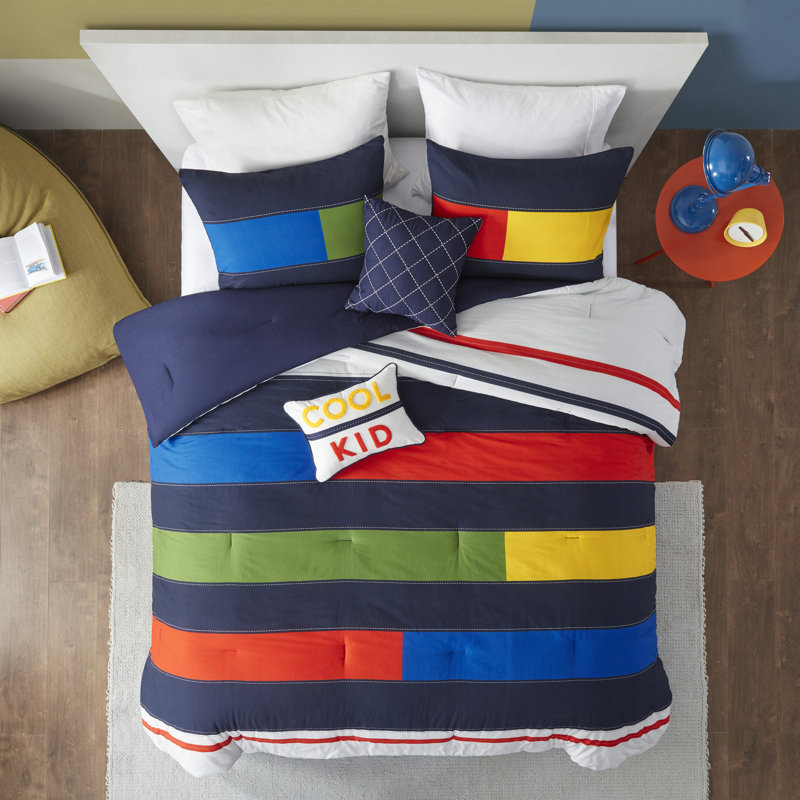 Morris Stripe Printed 100% Cotton 4-Piece Twin Comforter Set, Twin Comforter + 1 Sham + 2 Throw Pillows
