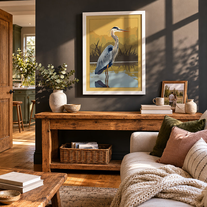 Great Blue Heron at Dawn Coastal - Framed Print, A1 - 84.1 x 59.4 cm, White